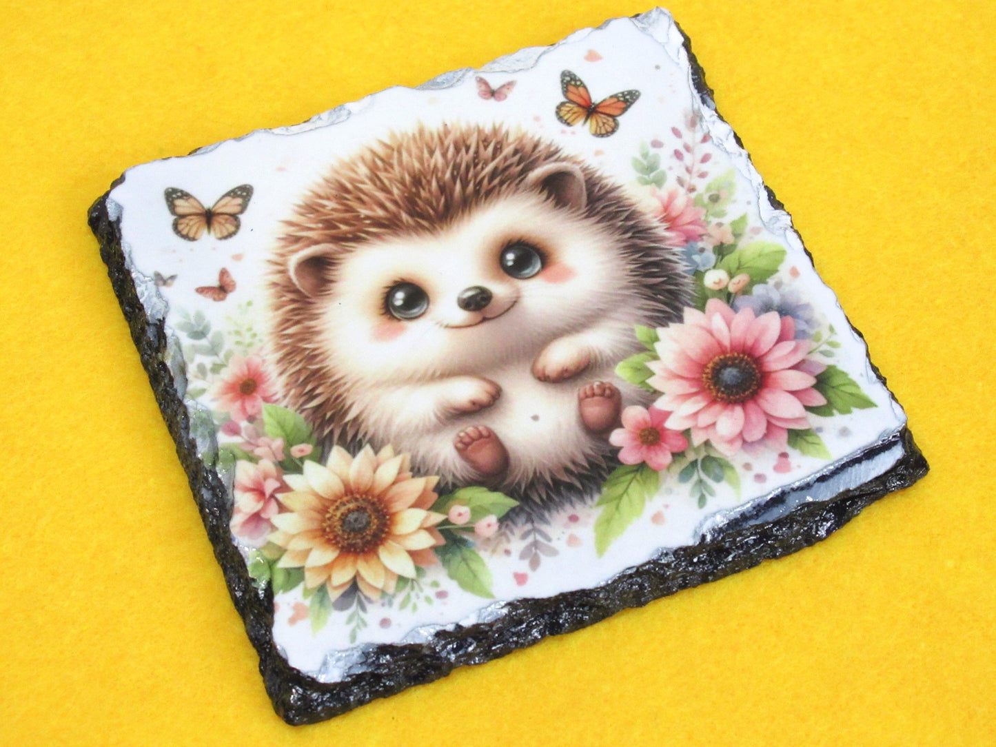 Hedgehog Slate Coaster – Natural Slate Drink Coaster with Woodland Hedgehog Design