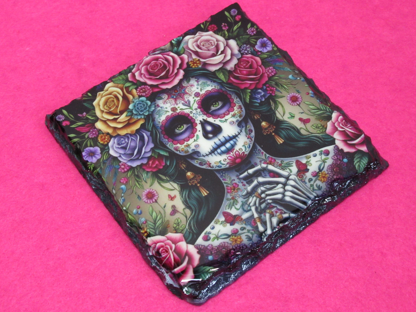 Sugar Skull Slate Coaster – Skull Art Drink Coaster – Day of the Dead Slate Gift