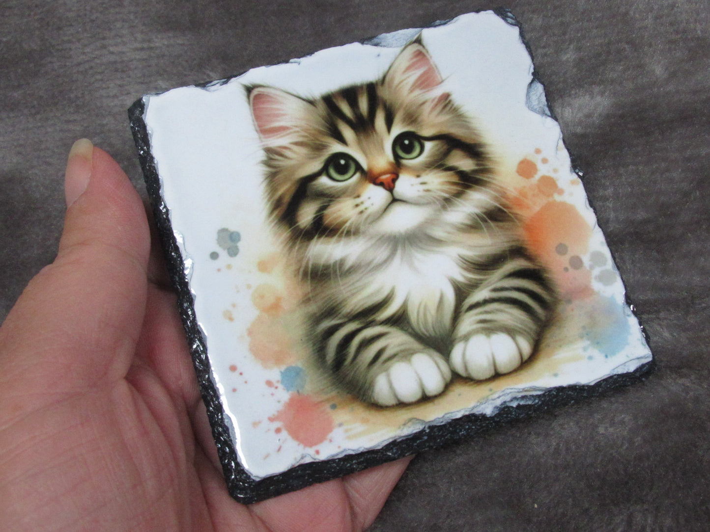 Cat Slate Coaster: Digital Art - Feline Lover Gift, - Gloss Finish