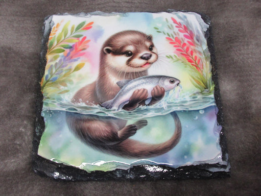 Otter Slate Coaster – Cute Otter Natural Slate Drink Coaster - River Animal