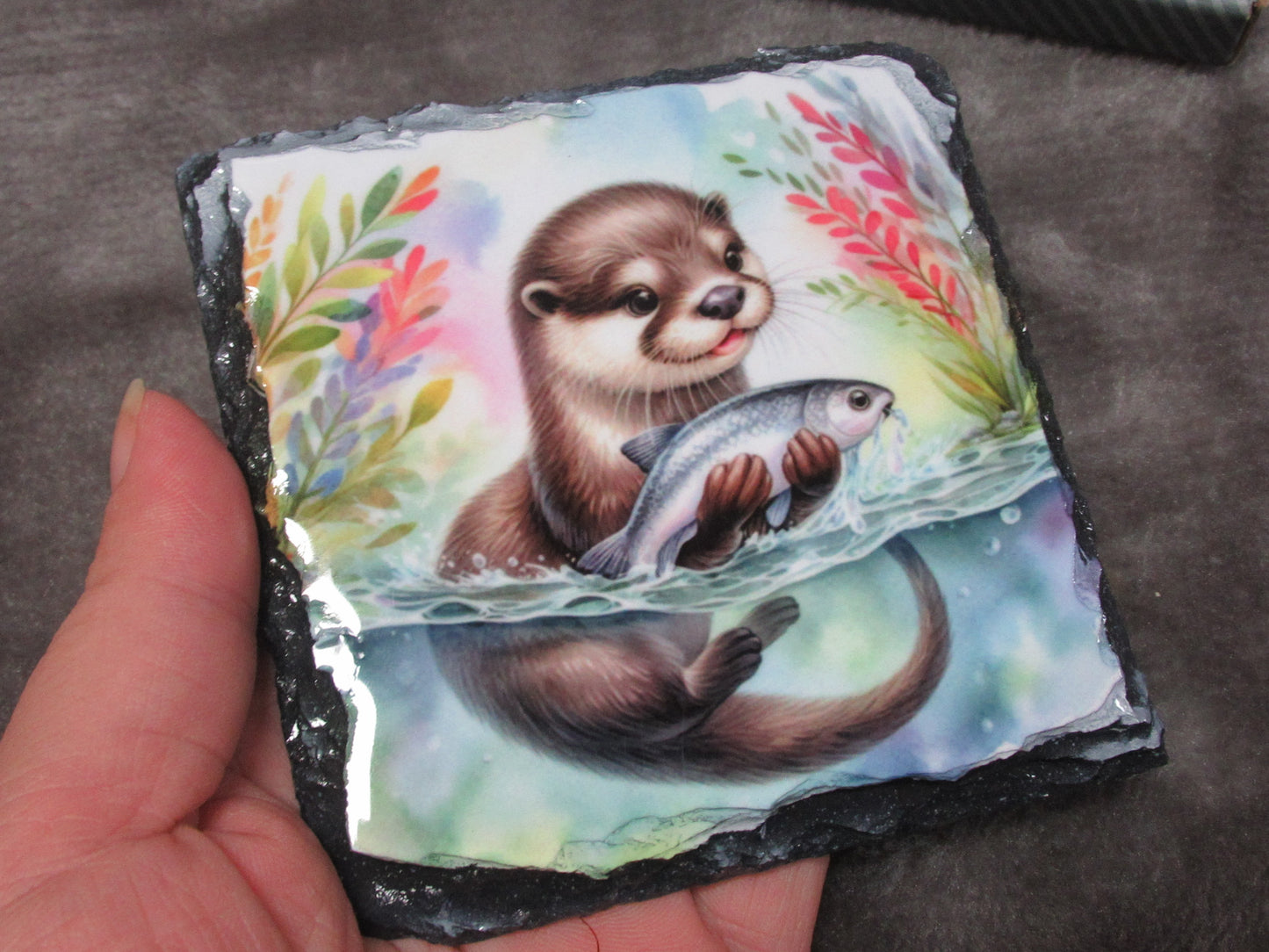Otter Slate Coaster – Cute Otter Natural Slate Drink Coaster - River Animal