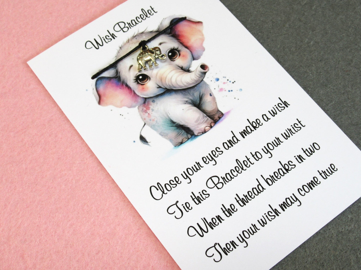 Elephant Wish Bracelet – Handmade Waxed Cord Bracelet with Tibetan Silver Charm & Gift Card