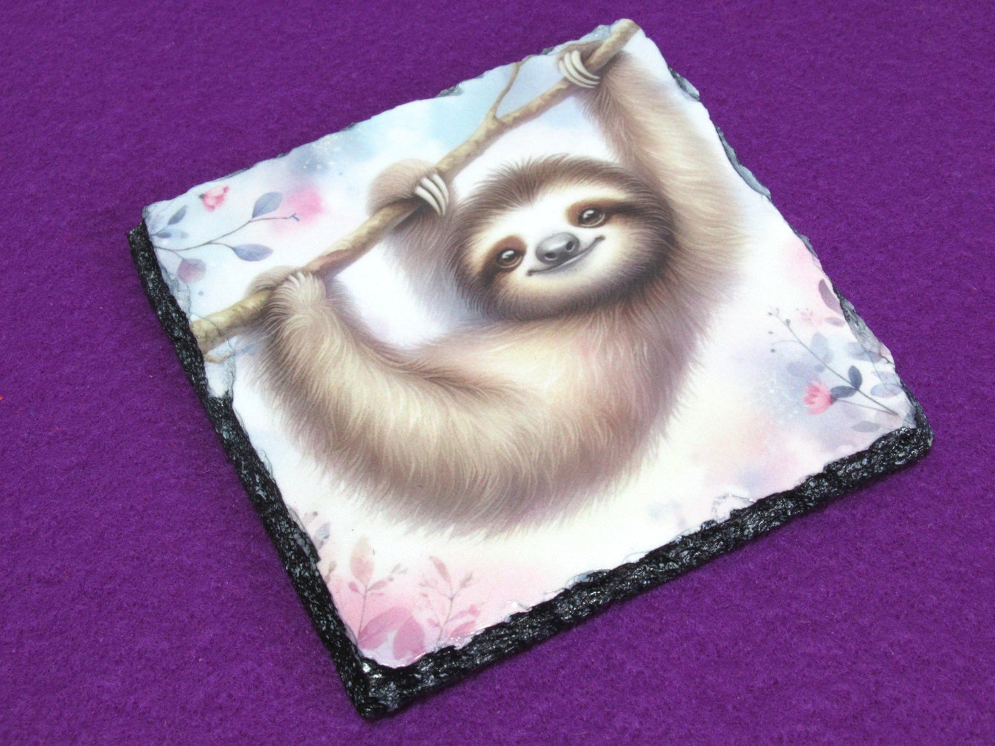 Sloth Slate Coaster – Natural Slate Drink Coaster with Cute Sloth Art
