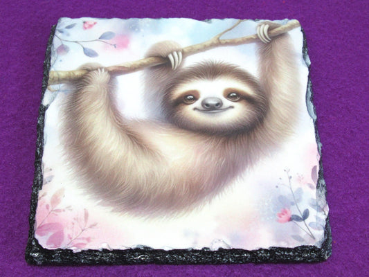 Sloth Slate Coaster – Natural Slate Drink Coaster with Cute Sloth Art