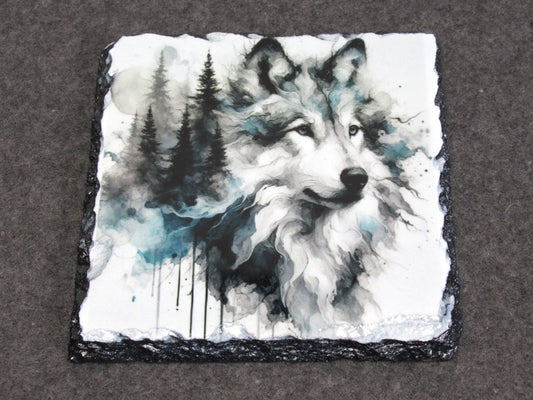 Wolf Head Slate Coaster – Natural Slate Drink Coaster with Wolf Art Design