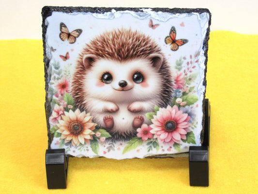 Hedgehog Slate Coaster – Natural Slate Drink Coaster with Woodland Hedgehog Design