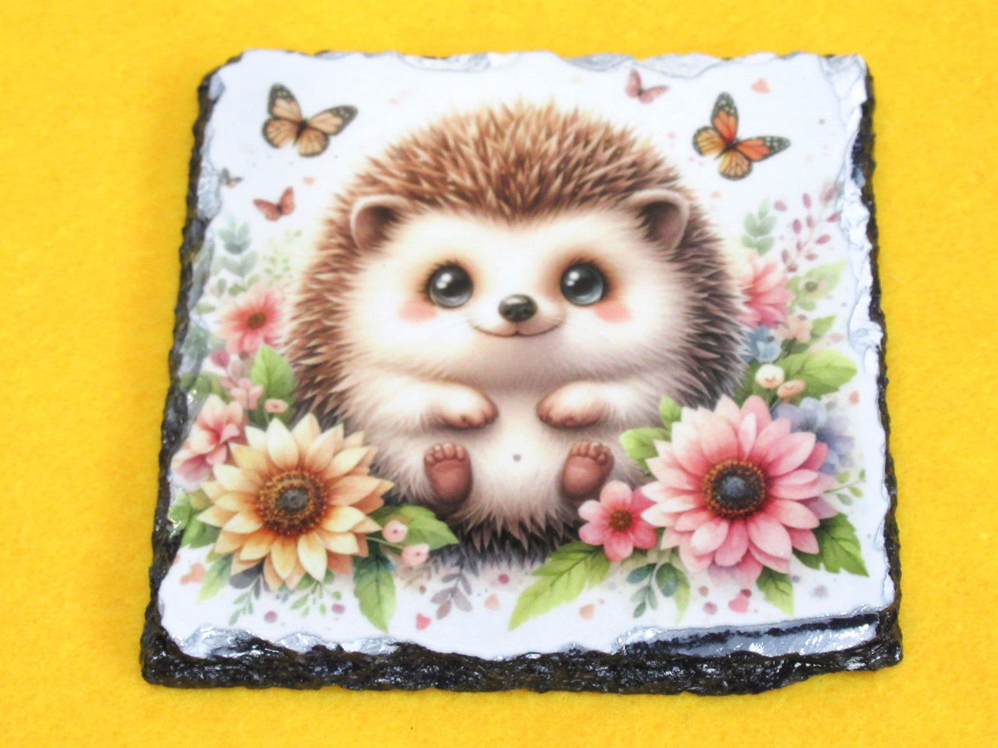 Hedgehog Slate Coaster – Natural Slate Drink Coaster with Woodland Hedgehog Design