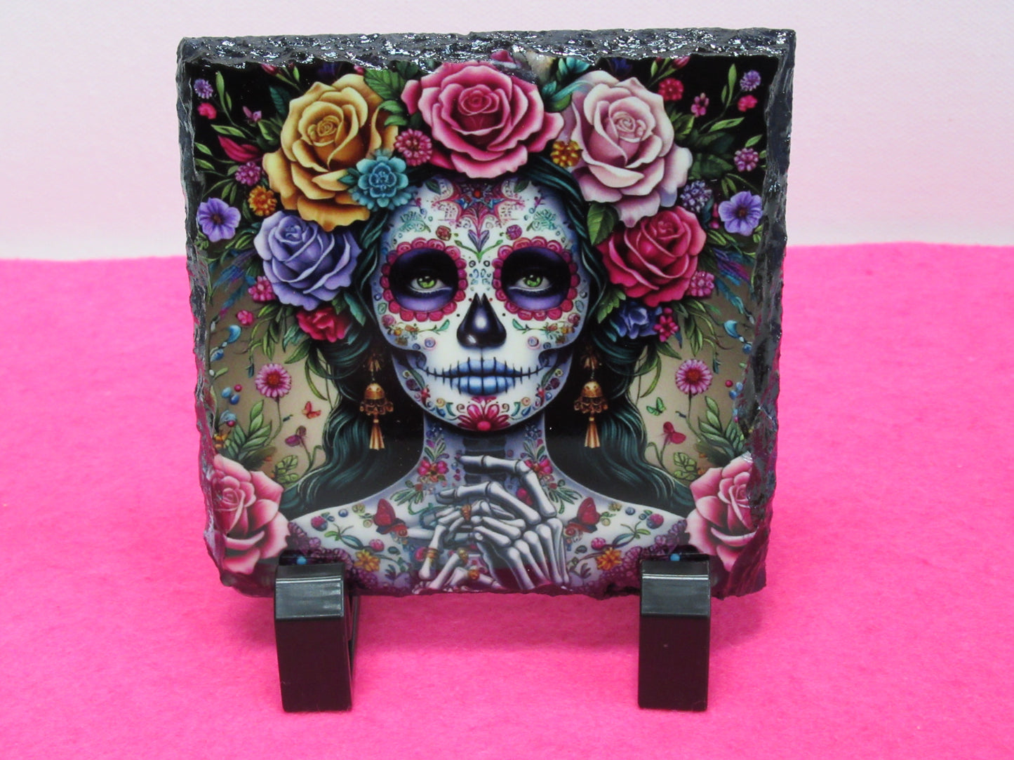 Sugar Skull Slate Coaster – Skull Art Drink Coaster – Day of the Dead Slate Gift