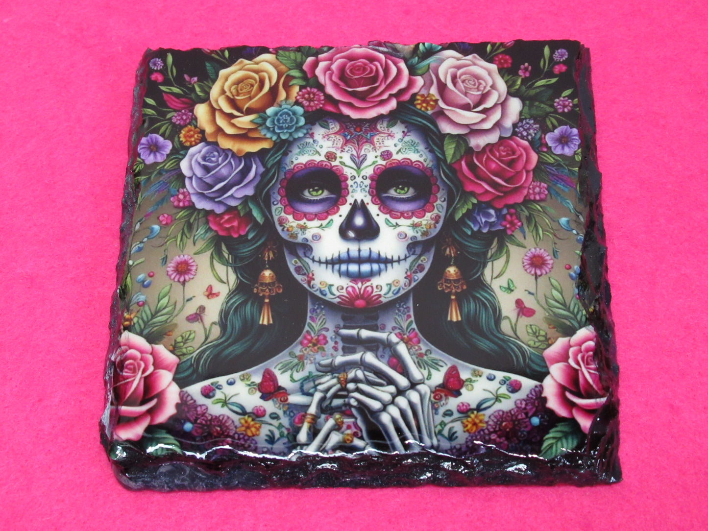 Sugar Skull Slate Coaster – Skull Art Drink Coaster – Day of the Dead Slate Gift