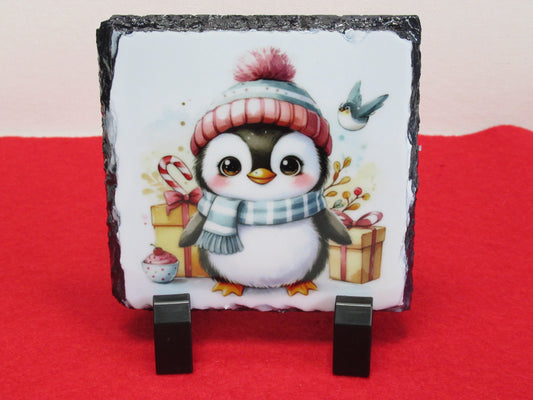 Penguin Slate Coaster – Cute Winter Penguin Drink Coaster – Natural Square Slate – Penguin Gift Idea
