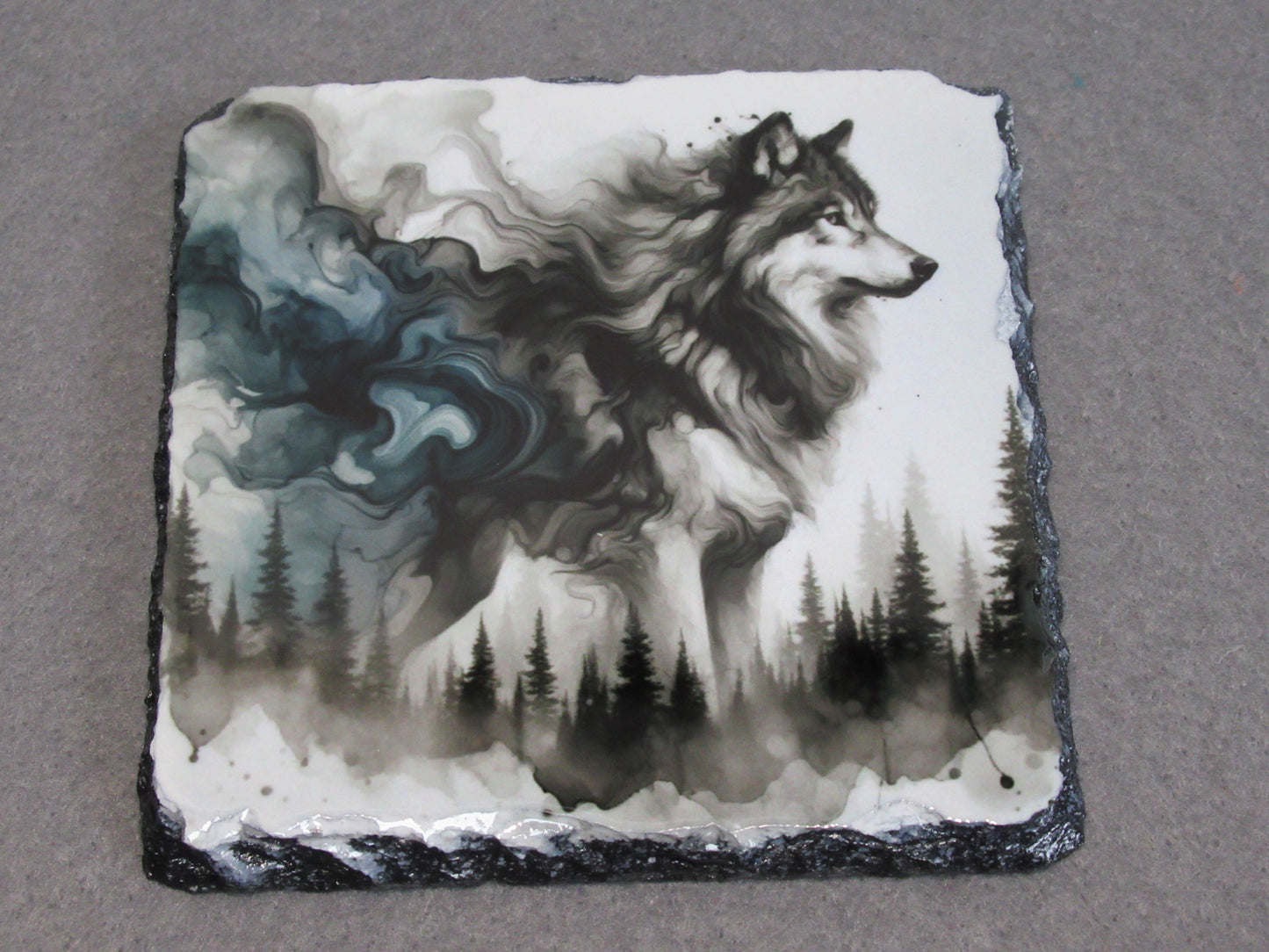 Wolf Slate Coaster – Natural Slate Drink Coaster with Wolf Art Design
