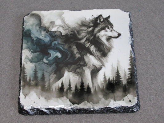 Wolf Slate Coaster – Natural Slate Drink Coaster with Wolf Art Design