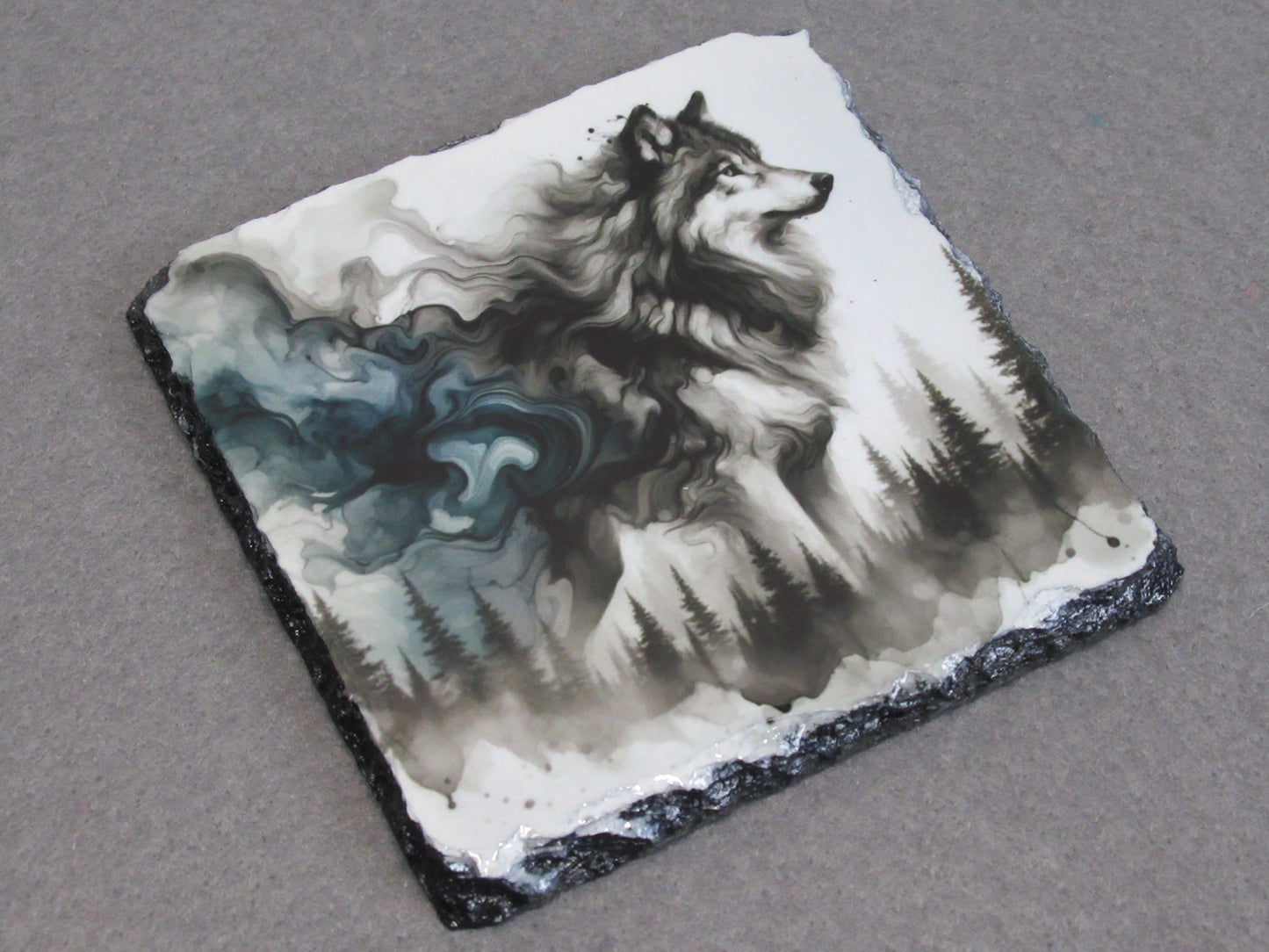 Wolf Slate Coaster – Natural Slate Drink Coaster with Wolf Art Design