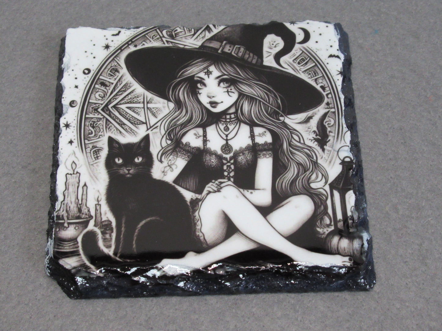 Witch Slate Coaster – Witch Halloween Coaster – Natural Slate Drink Coaster – Witchy Home Decor