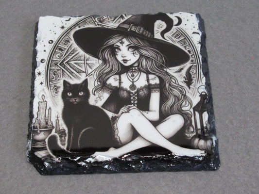 Witch Slate Coaster – Witch Halloween Coaster – Natural Slate Drink Coaster – Witchy Home Decor