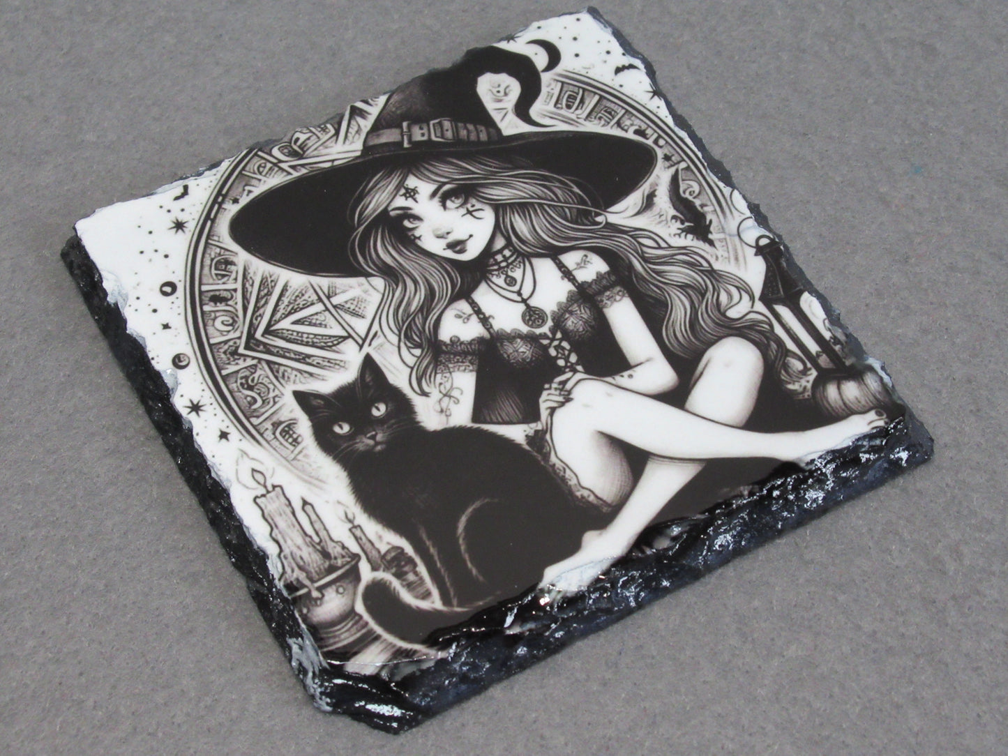 Witch Slate Coaster – Witch Halloween Coaster – Natural Slate Drink Coaster – Witchy Home Decor