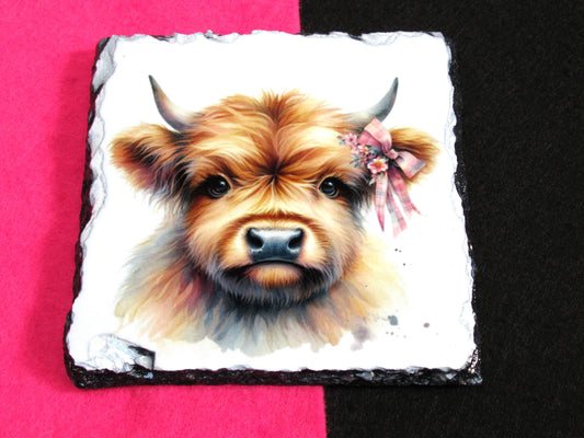Highland Cow Slate Coaster – Cute Cow Natural Slate Drink Coaster
