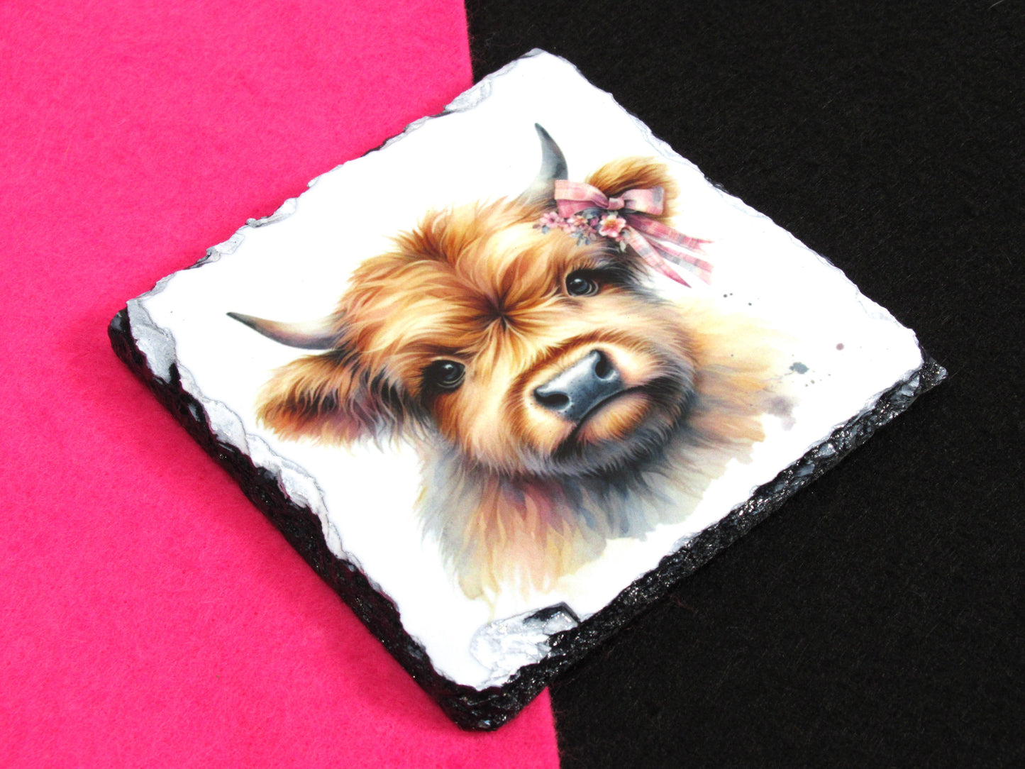 Highland Cow Slate Coaster – Cute Cow Natural Slate Drink Coaster